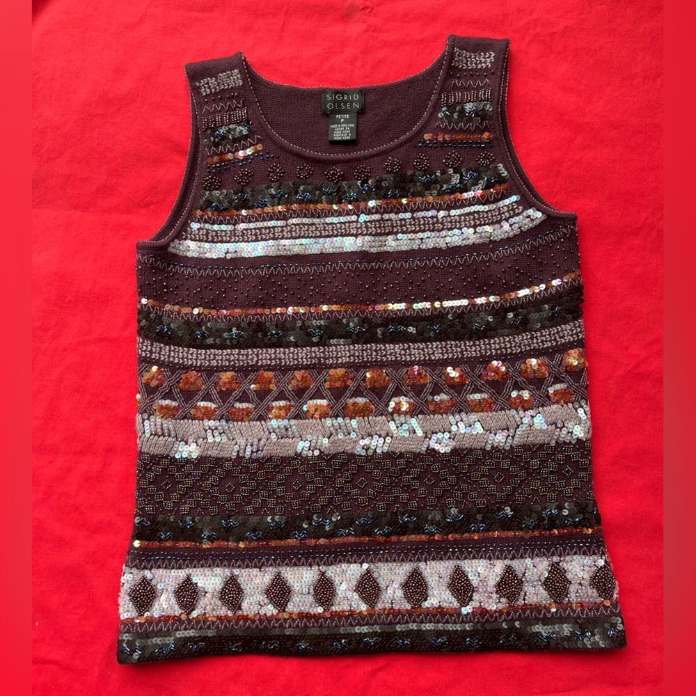 Sigrid Olsen Brown/Burgundy Sequin Embellished Top